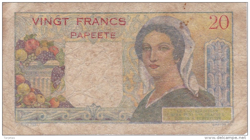 BILLETE DE OUTRE MER DE PAPEETE DE 20 FRANCS DEL AÑO 1963  (BANKNOTE) BANQUE DE L'INDOCHINE - Papeete (Polinesia Francesa 1914-1985)