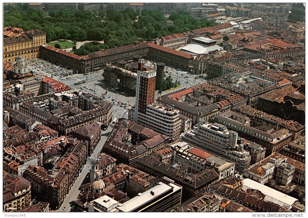 04977 "TORINO - PIAZZA CASTELLO VIA PIETRO MICCA - VEDUTA PANORAMICA AEREA" CART. POST. ORIG. NON SPEDITA. - Panoramische Zichten, Meerdere Zichten