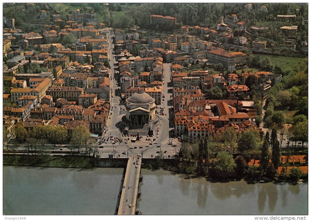 04983 "TORINO - CHIESA GRAN MADRE E PRECOLLINA - VEDUTA PANORAMICA AEREA" CART. POST. ORIG. NON SPEDITA. - Mehransichten, Panoramakarten