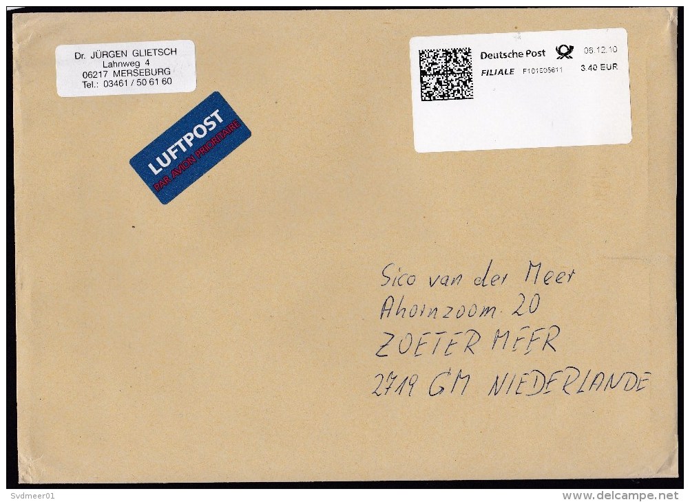 Germany: Airmail Cover To Netherlands, 2010, ATM Machine Label, Airmail Label (discolouring At Back) - Brieven En Documenten