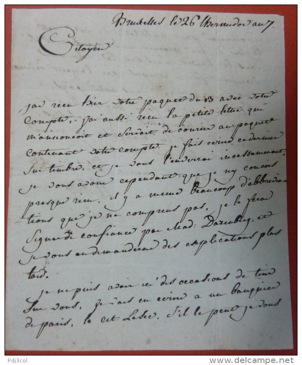 Lettre De Bruxelles AN 7 Pour Quimper, Cachet Rouge Bruxelles, Port 13 - 1794-1814 (Période Française)