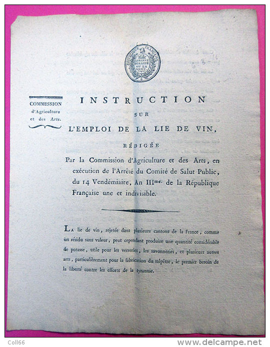 14 Vend An 3 Révolution Instruction Sur Lie Devin Pour Salpètre Comité Salut Public Jolie Vignette "Liberté Ou La Mort" - Documents Historiques