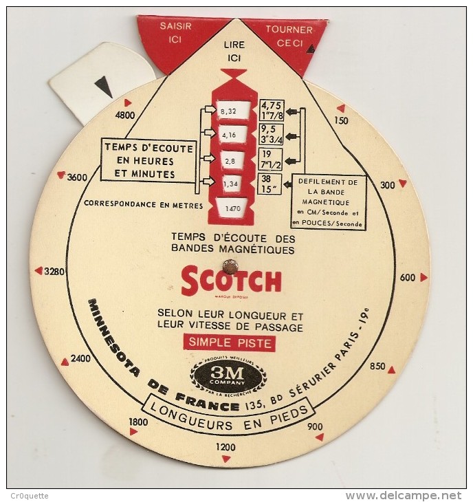 SCOTCH / TABLEAU POUR CALCULER LES TEMPS D' ECOUTE DES BANDES MAGNETIQUES - Other & Unclassified