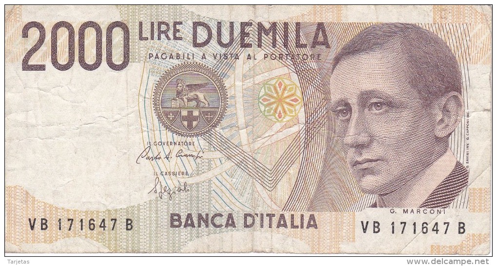 BILLETE DE ITALIA DE 2000 LIRAS DEL AÑO 1990  MARCONI  (BANKNOTE) - 2000 Lire