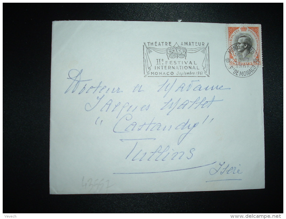 LETTRE TP RAINIER III O,25 OBL.MEC.20-7-1961 MONTE CARLO + THEATRE AMATEUR IIe FESTIVAL INTERNATIONAL + HOTEL HERMITAGE - Brieven En Documenten