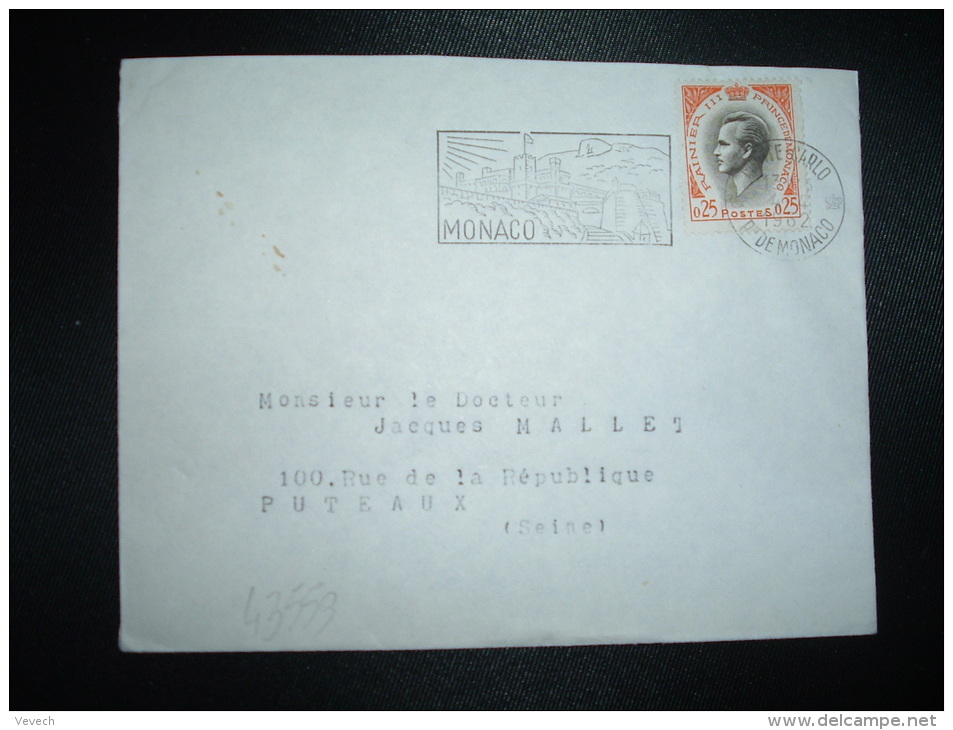 LETTRE TP RAINIER III O,25 OBL.MEC.4-4-1962 MONTE CARLO + CHATEAU - Covers & Documents