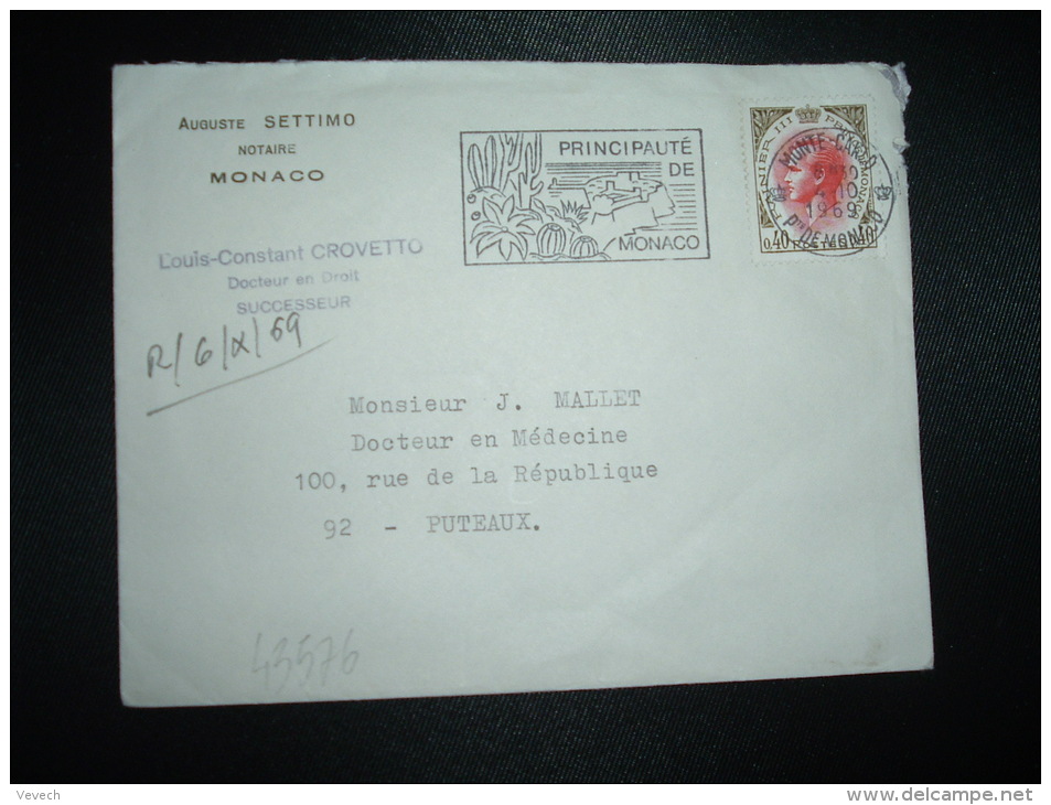 LETTRE TP RAINIER III 0,40 OBL.MEC.4-10-1969 MONTE CARLO + CHATEAU - Lettres & Documents