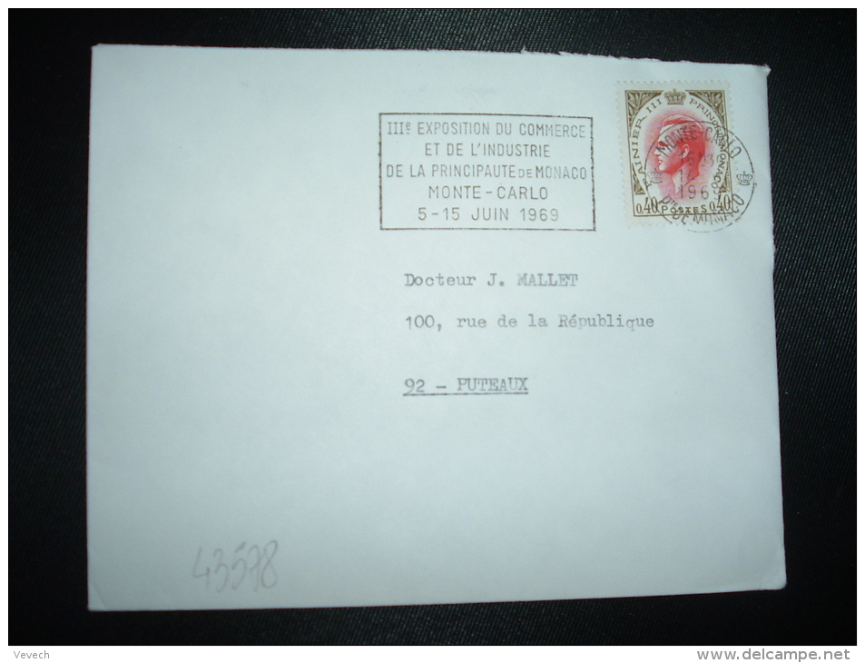 LETTRE TP RAINIER III 0,40 OBL.MEC.14-6-1969 MONTE CARLO + IIIe EXPOSITION DU COMMERCE ET DE L'INDUSTRIE - Storia Postale