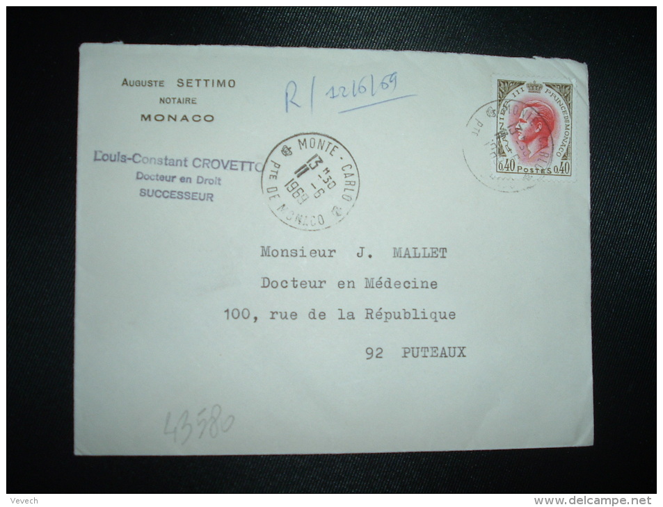 LETTRE TP RAINIER III 0,40 OBL.11-6-1969 MONTE CARLO  + AUGUSTE SETTIMO NOTAIRE - Lettres & Documents