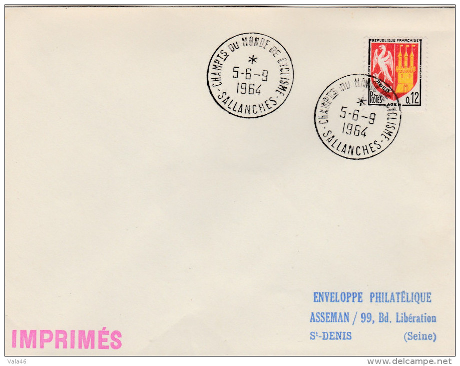 FRANCE THEME CYCLISME  ENVLOP. OBLIT CHAMPIONNAT DU MONDE DE CYCLISME  SALLANCHES 1964 - Radsport