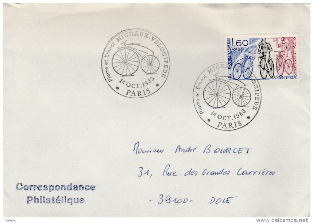 FRANCE THEME CYCLISME  ENVLOP. OBLIT FRANCE 2290 OBLITERATION GR1AND FORMAT  PARIS 1983 - Cycling