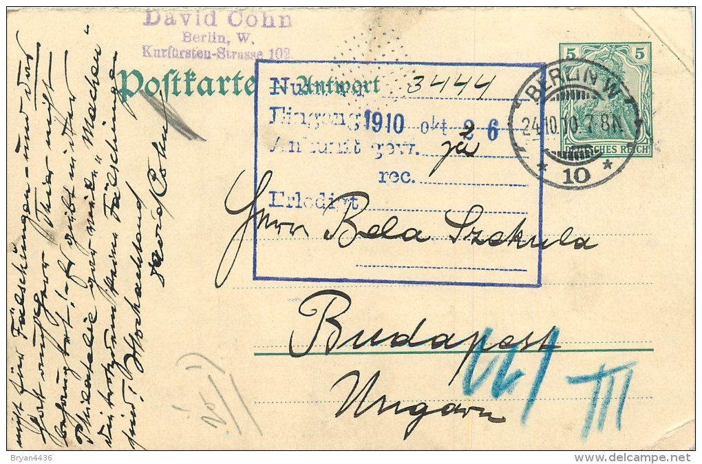 ENTIER POSTAL - CACHET DEPART BERLIN - 19110 - TO BUDAPEST - HONGRIE - CARTE "DAVID COHN". - Privatpostkarten - Gebraucht