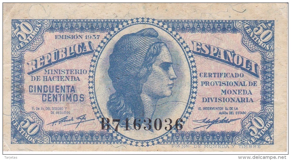 BILLETE DE ESPAÑA DE 50 CTS DEL AÑO 1937 EBC LETRA B  (BANKNOTE) - Other & Unclassified