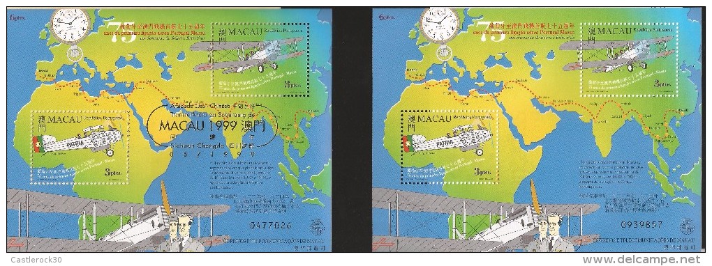 E)1999 MACAU, 75 YEARS OF THE FIRST LINK AEREA PORTUGAL-MACAU, AIRPLANE, CLOCK, MAP, GOLD OVERPRINT, SOUVENIR SHEET - Nuevos