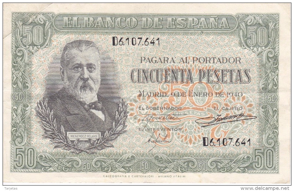 BILLETE DE ESPAÑA DE 50 PTAS DEL 9/01/1940 SERIE D CALIDAD  MBC (VF) (BANKNOTE) - 50 Pesetas