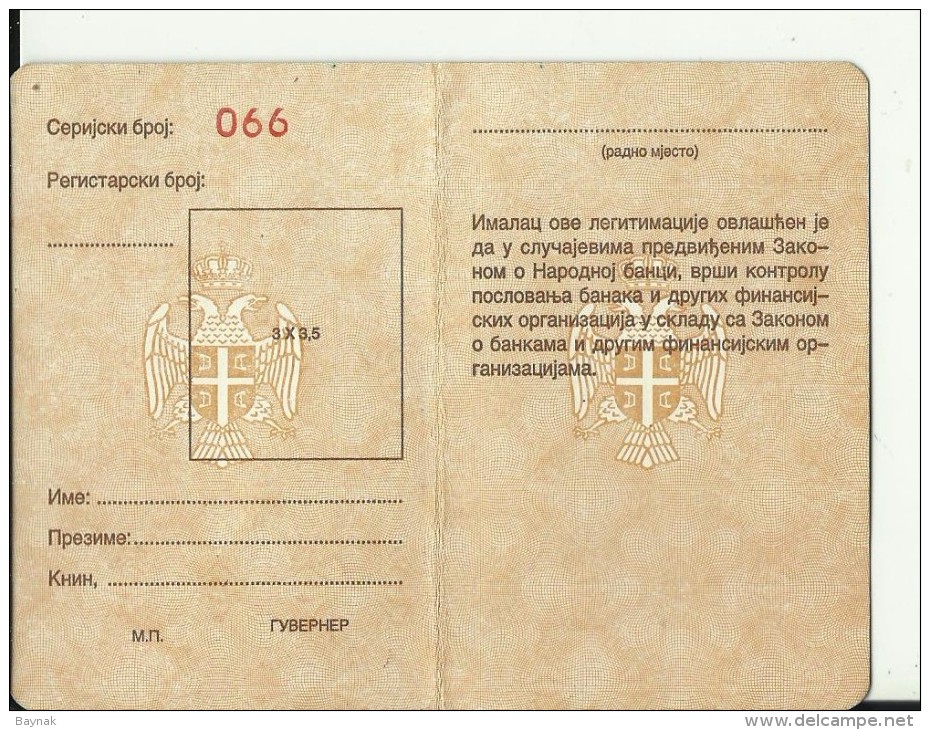CROATIA --  BANK OF SAO KRAJINA  -  OFFICIAL ID CARD  --  LAW NUMBER  --  WAR PERIOD, OCCUPIED CROATIA  --  UNGEBRAUCHT - Historische Dokumente