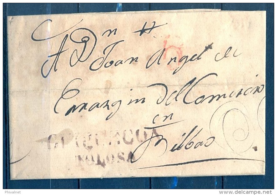 1830 , GUIPÚZCOA , ENVUELTA CIRCULADA ENTRE TOLOSA Y BILBAO , MARCA " GUIPUZCOA / TOLOSA " , TIZÓN Nº8 - ...-1850 Prefilatelia