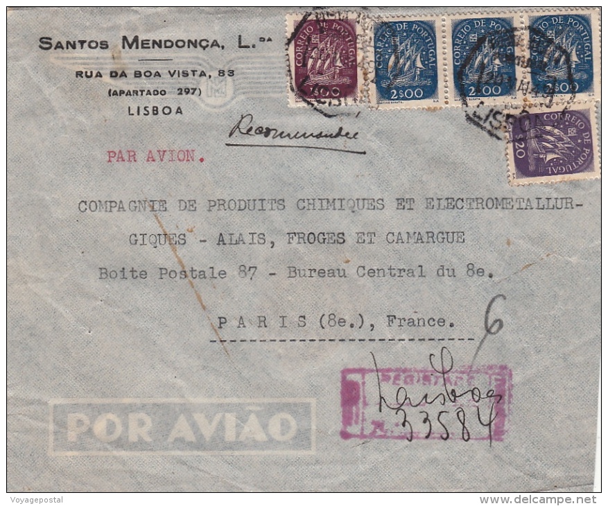 Lettre Recommandé Lisbonne Pour La France 1949 - Postmark Collection