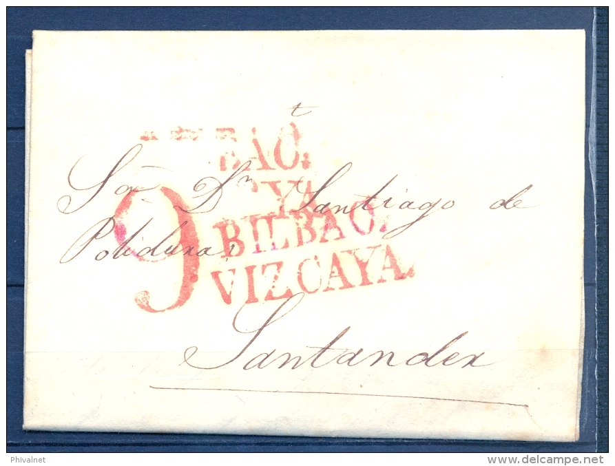 1838 , VIZCAYA , CARTA CIRCULADA ENTRE BILBAO Y SANTANDER , TIZÓN Nº 19 - ...-1850 Prefilatelia