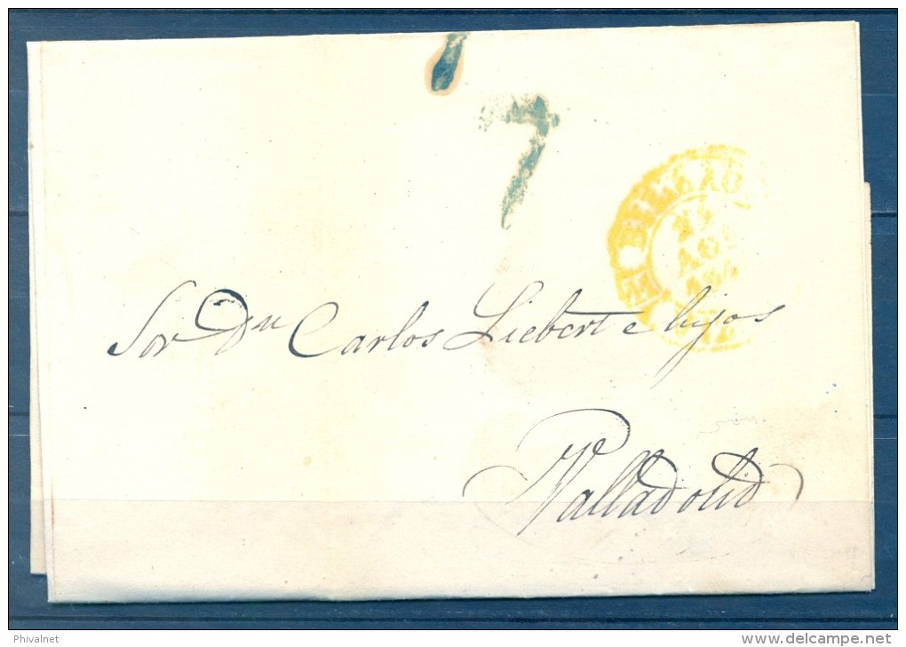 1844 , VIZCAYA , CARTA CIRCULADA ENTRE BILBAO Y VALLADOLID , TIZÓN Nº 21 , BAEZA AMARILLO - ...-1850 Prephilately