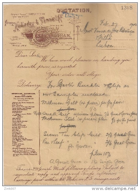 Fatura Papel Timbrado - Invoice England - 1902 HALLADAY & TUNNICLIFF - INVOICE - QUOTATION - BIRMINGHAM - Ver. Königreich