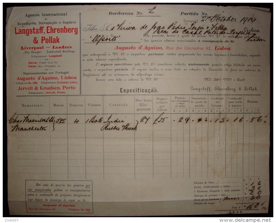 Fatura Papel Timbrado - Invoice England - 1904 LANGSTAFF, EHRENBERG & POLLAK - INVOICE - LIVERPOOL/LONDON - Ver. Königreich