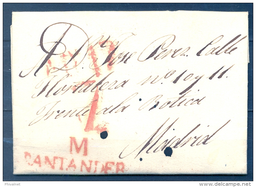 1830 , CANTABRIA , D.P. 9 , CARTA CIRCULADA ENTRE SANTANDER Y MADRID  , MARCA TIZÓN Nº 11 , " M / SANTANDER " - ...-1850 Prefilatelia