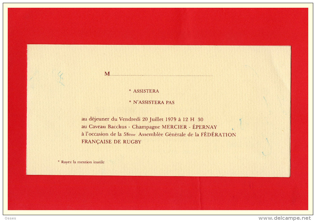58éme A.G FFR.Coupon Réponse,déjeuner Offert Par Le Champagne MERCIER (recto Versos) - Rugby