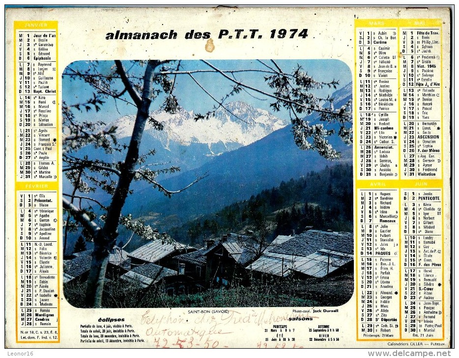 ALMANACH DES P.T.T 1974 (55)  -  2 Volets Complet ** SAINT BON - GRAU DU ROI ** Calendrier * OLLER * - Grand Format : 1971-80