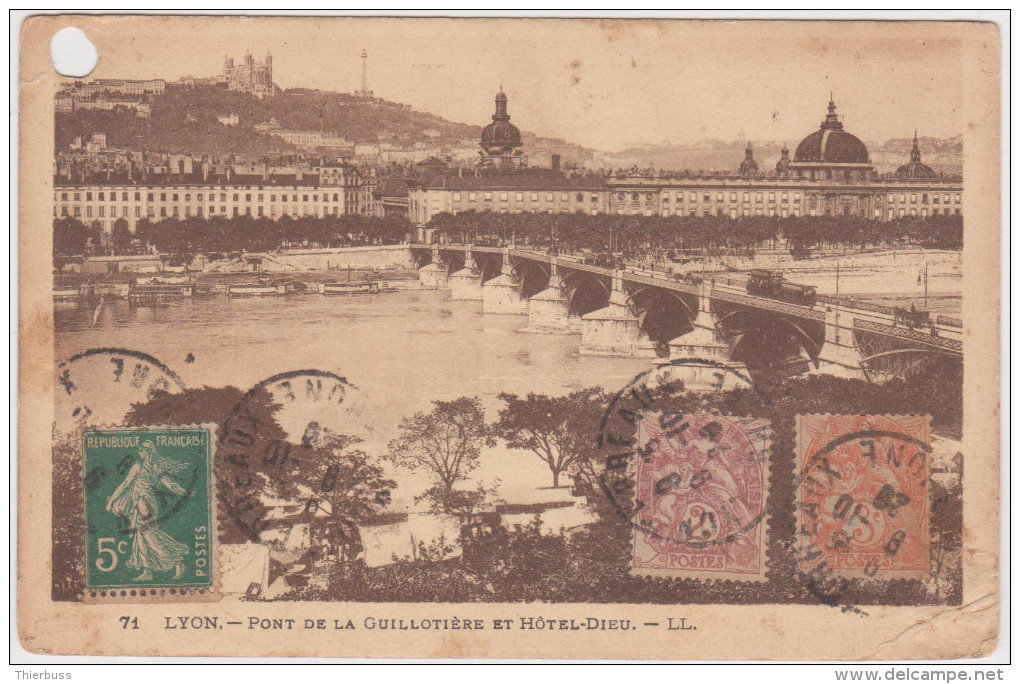 Carte Postale Pont Guillotiere Daguin Jumelée Lyon Terreaux Affranchie Blanc 2ct Et 3ct Et Semeuse Pour Le Portugal - 1900-29 Blanc