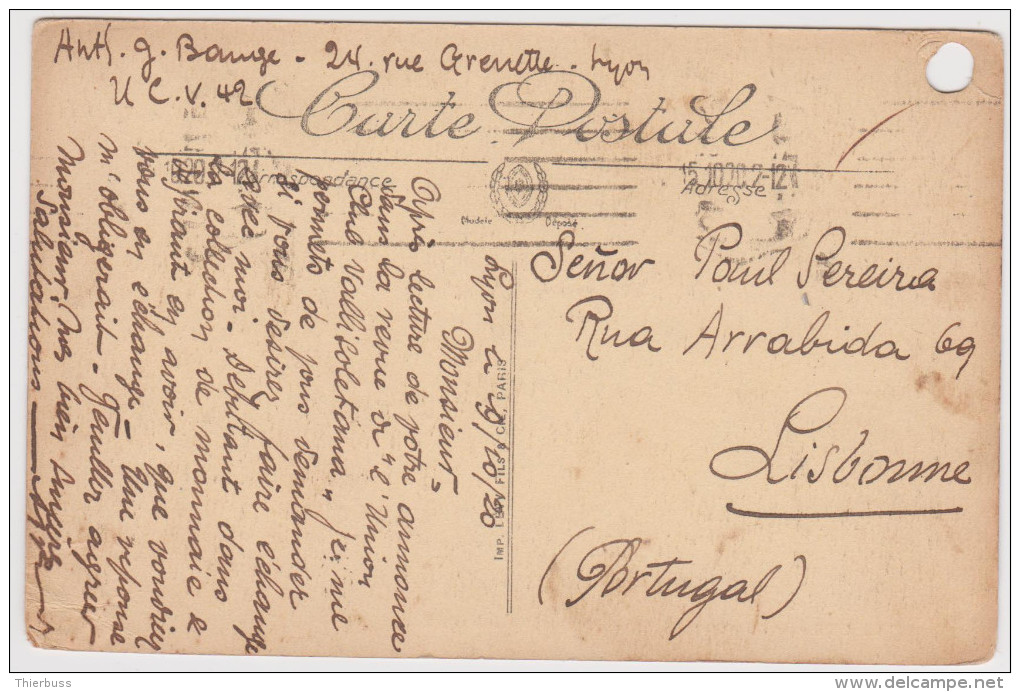 Carte Postale Pont Guillotiere Daguin Jumelée Lyon Terreaux Affranchie Blanc 2ct Et 3ct Et Semeuse Pour Le Portugal - 1900-29 Blanc