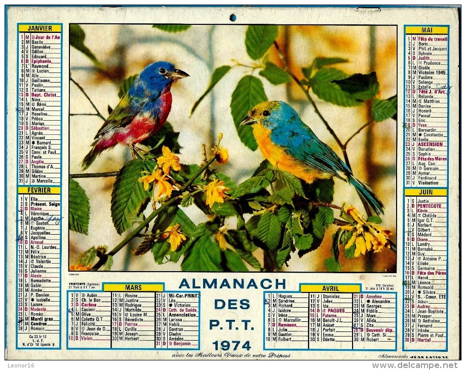 ALMANACH DES P.T.T 1974  -  2 Volets Complet ** OISEAUX - POISSONS ** Calendrier * JEAN LAVIGNE * - Big : 1971-80