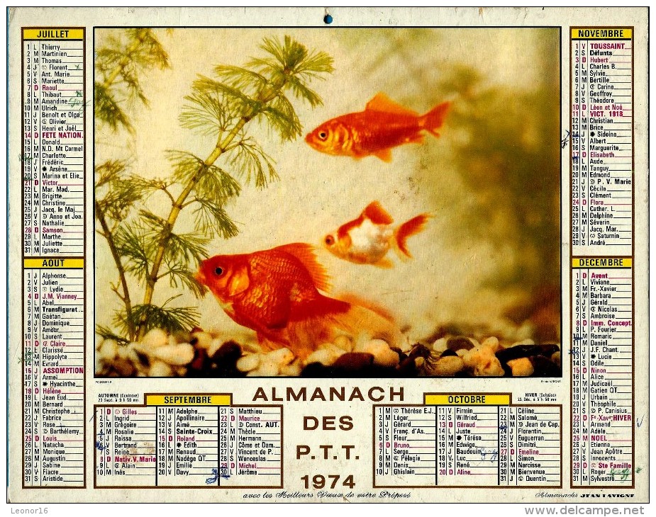 ALMANACH DES P.T.T 1974  -  2 Volets Complet ** OISEAUX - POISSONS ** Calendrier * JEAN LAVIGNE * - Grand Format : 1971-80