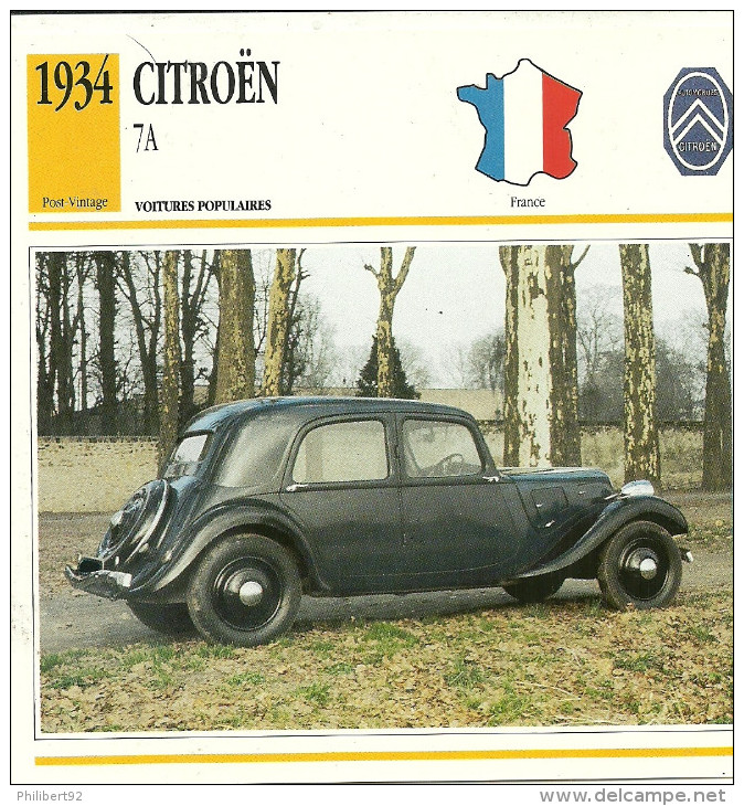 Fiche Technique Automobile Citroën Traction Avant 7A 1934 - Voitures