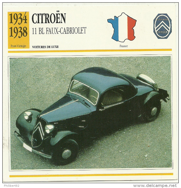 Fiche Technique Automobile Citroën Traction Avant 11BL Faux-cabriolet 1934-1938 - Automobili