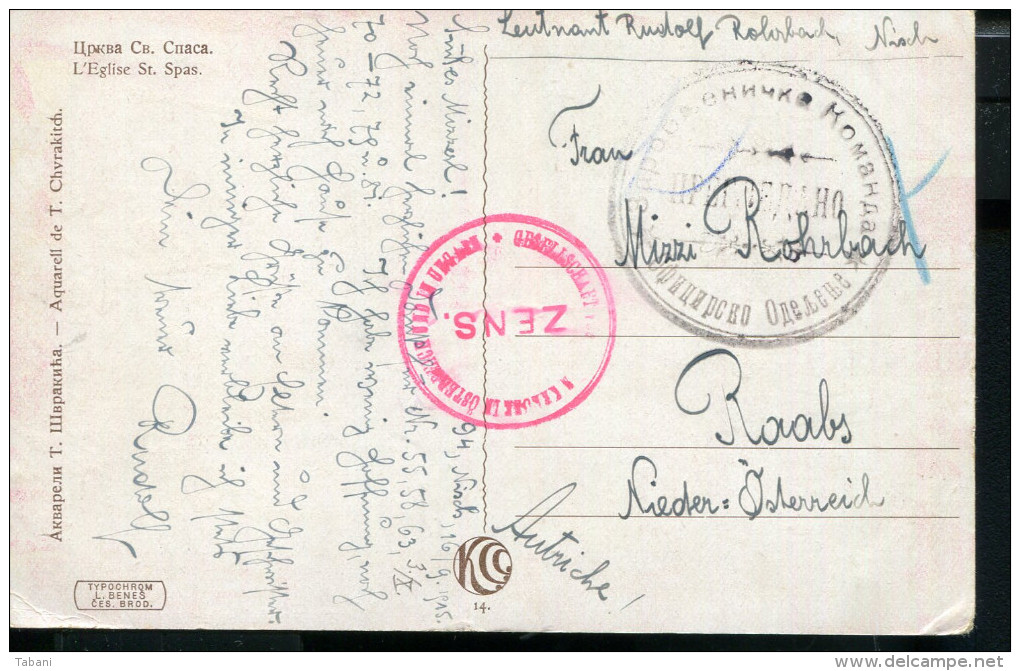 WWI SERBIA AUSTRIA DOUBLE CENSORED POSTCARD NISCH NIS TO RAABS - Weltkrieg 1914-18