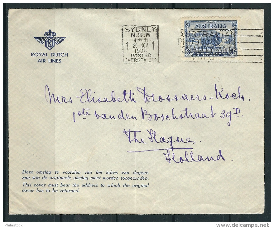 AUSTRALIE 1934 N° 98 Obl. S/enveloppe Comm. PA Royal Dutch Air Lines Pour Les Pays Bas - Cartas & Documentos