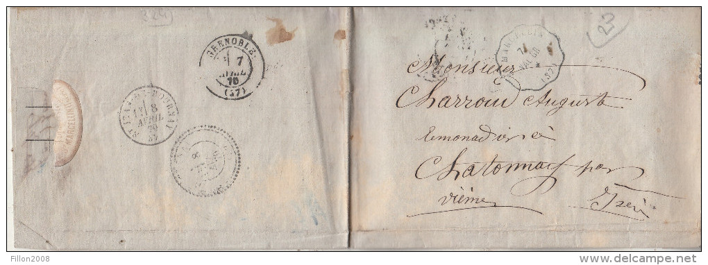 Lettre Envoyée En 1870 à M. Charroud, Limonadier, à Chatonnay - Châtonnay