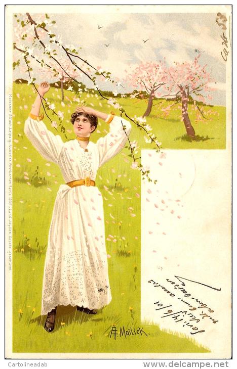 [DC2586] CPA - CARTOLINA ILLUSTRATA FIRMATA MAILICK - DONNA PRATO ALBERI IN FIORE - Viaggiata 1901 - Old Postcard - Mailick, Alfred