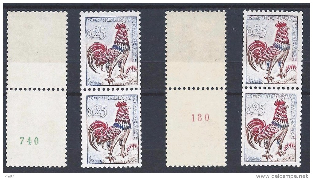 RARE EN PAIRE COQ DE DECARIS 25 Cts 1331b** Et 1331c** Issue De Roulettes Avec N° Rouge 180 Et N° Vert 740 - 1962-1965 Cock Of Decaris