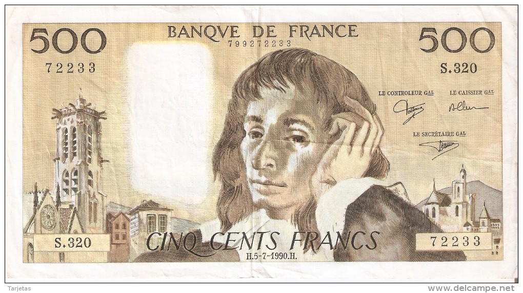 BILLETE DE FRANCIA DE 500 FRANCOS DEL 5-7-1990  (BANKNOTE) - 500 F 1968-1993 ''Pascal''