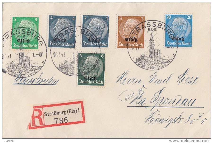 Elsass R-Brief Mif Minr.1, 2x 2, 3, 4, 9 SST Strassburg 8.1.41 - Besetzungen 1938-45