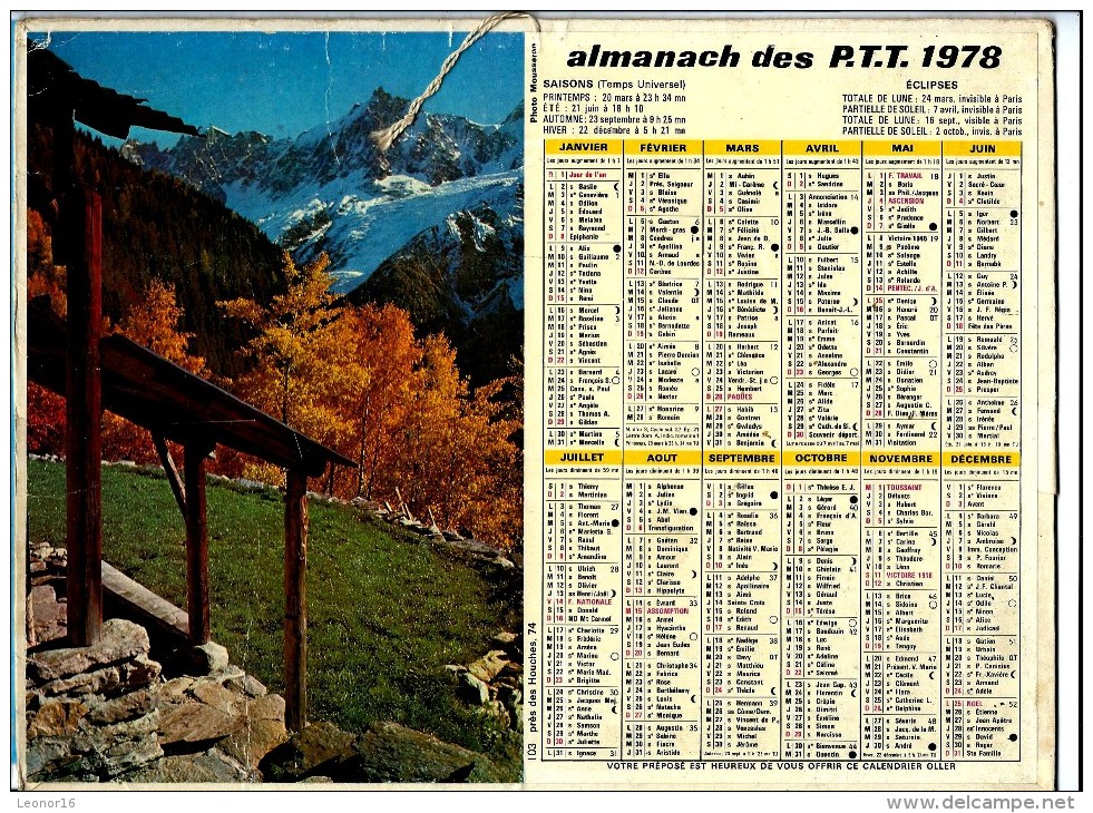 ALMANACH DES P.T.T 1978   -  ** PRES DES HOUCHES (74) **  - Photo : MOUSSERON  -  Calendrier *OLLER * N° 103 - Grand Format : 1971-80