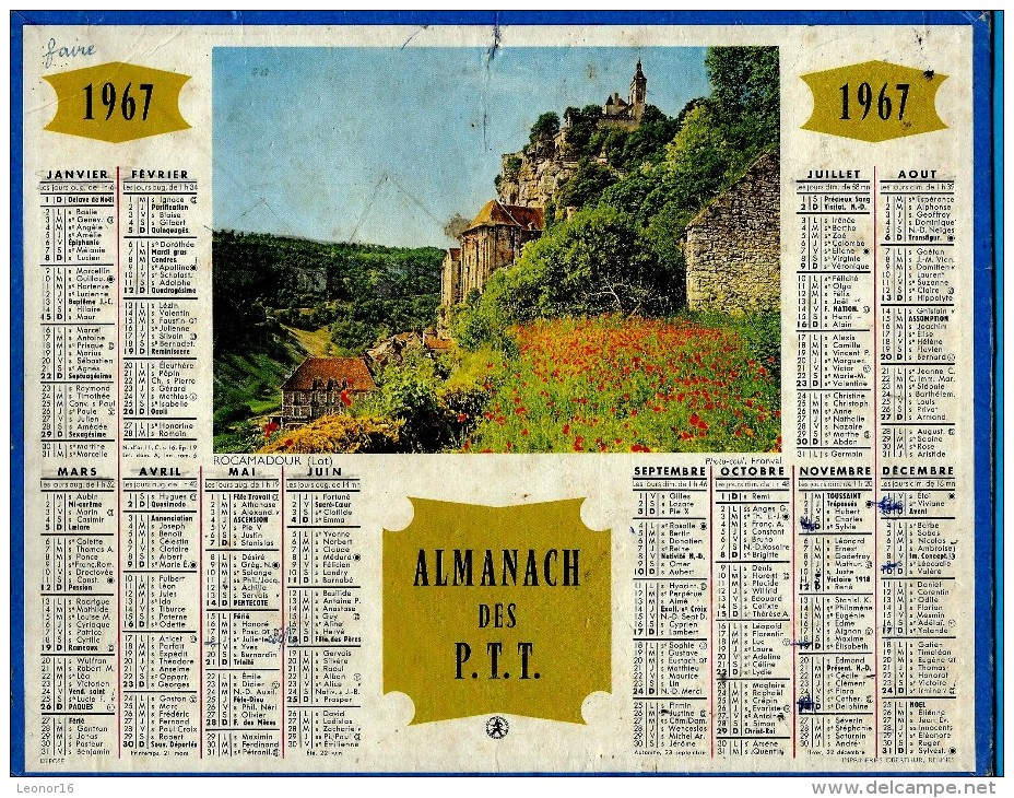 ALMANACH DES P.T.T 1967   -  ** ROCAMADOUR (LOT) **  - Photo : FRONVAL  -  Calendrier *OBERTHUR * - Grand Format : 1961-70