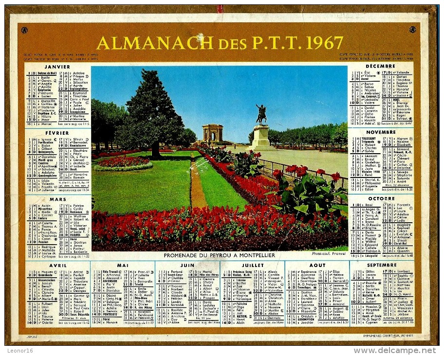 ALMANACH DES P.T.T 1967 (88)  -  ** PROMENADE DU PEYROU A MONTPELLIER **  - Photo : FRONVAL  -  Calendrier *OBERTHUR * - Big : 1961-70