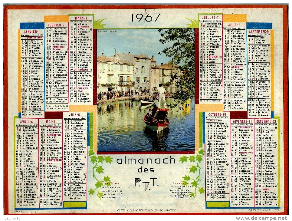 ALMANACH DES P.T.T 1967 (55)  -  ** JOUTES AUX MARTIGUES (B.d; R.) **  - Photo : FRONVAL  -  Calendrier *OLLER * Série 1 - Big : 1961-70