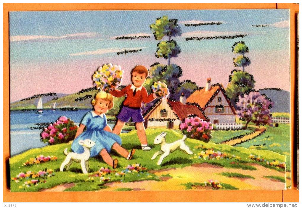 MBU-04 Carte à Deux Niveau, Au Premier Plan, Enfants Et Chiots, Bouquet De Fleurs, Gaufré, Relief. Circulé En 1954 - Scènes & Paysages