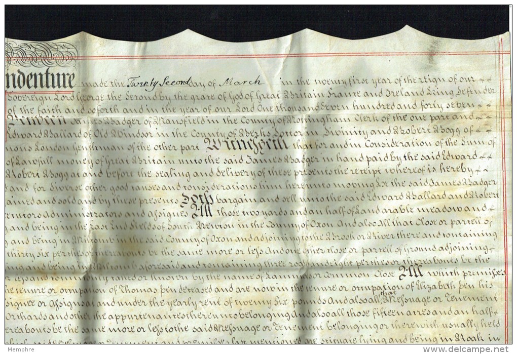 1747  Indenture For The Sale Of Land And Buildings In South Trenton, Oxon County - Historical Documents