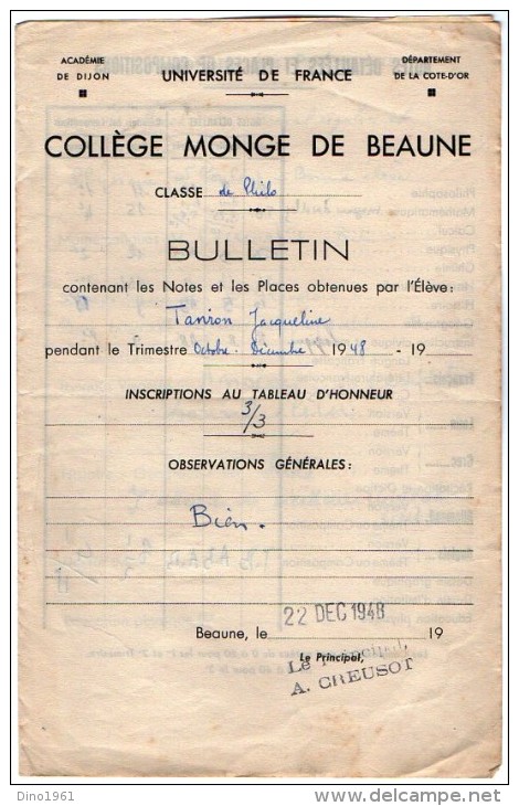 VP3388 - 3 Bulletins Scolaire  De J. TANRON - Collège Monge De BEAUNE - Diplomi E Pagelle