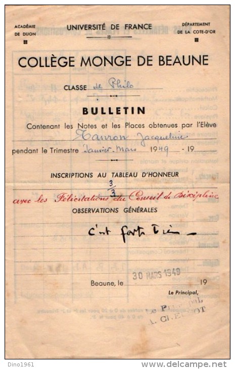 VP3388 - 3 Bulletins Scolaire  De J. TANRON - Collège Monge De BEAUNE - Diplomi E Pagelle